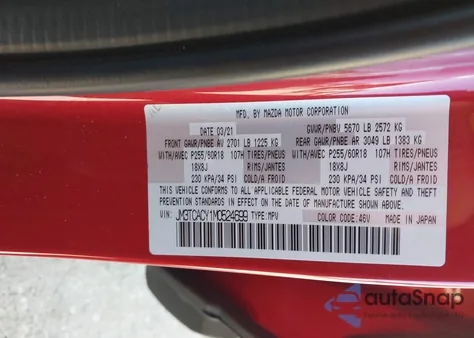 2021 Mazda Cx-9 Touring z USA, uszkodzony, nr VIN JM3TCACY1M0524699